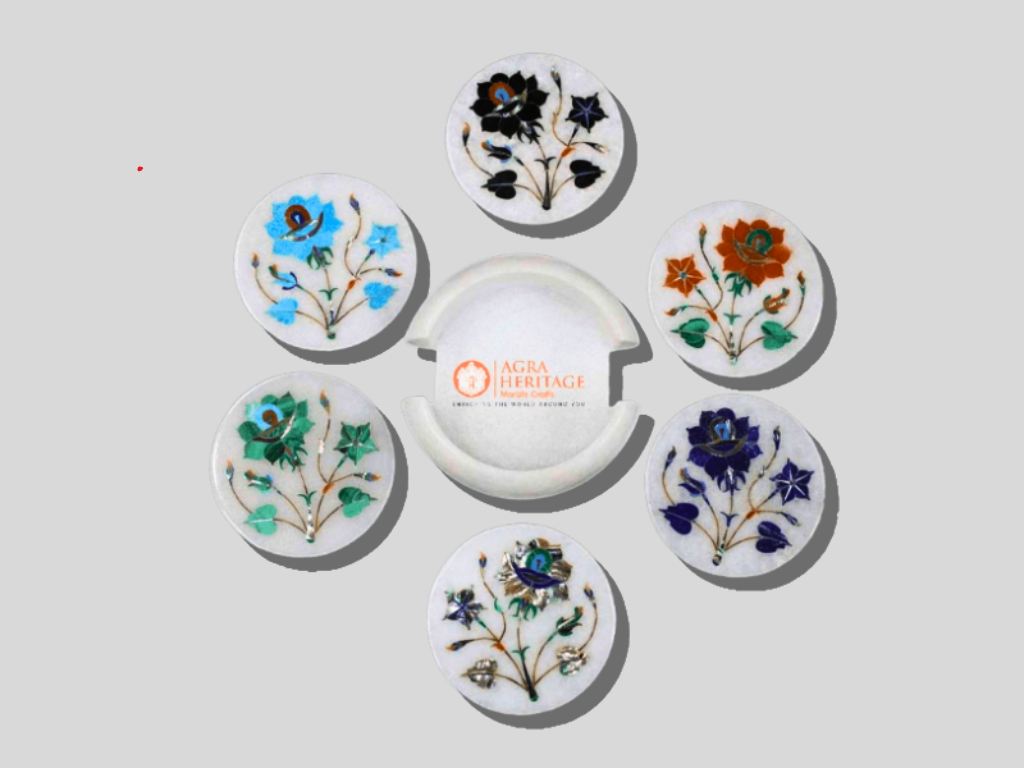 Multi Color Stone Floral Marble Coaster Set